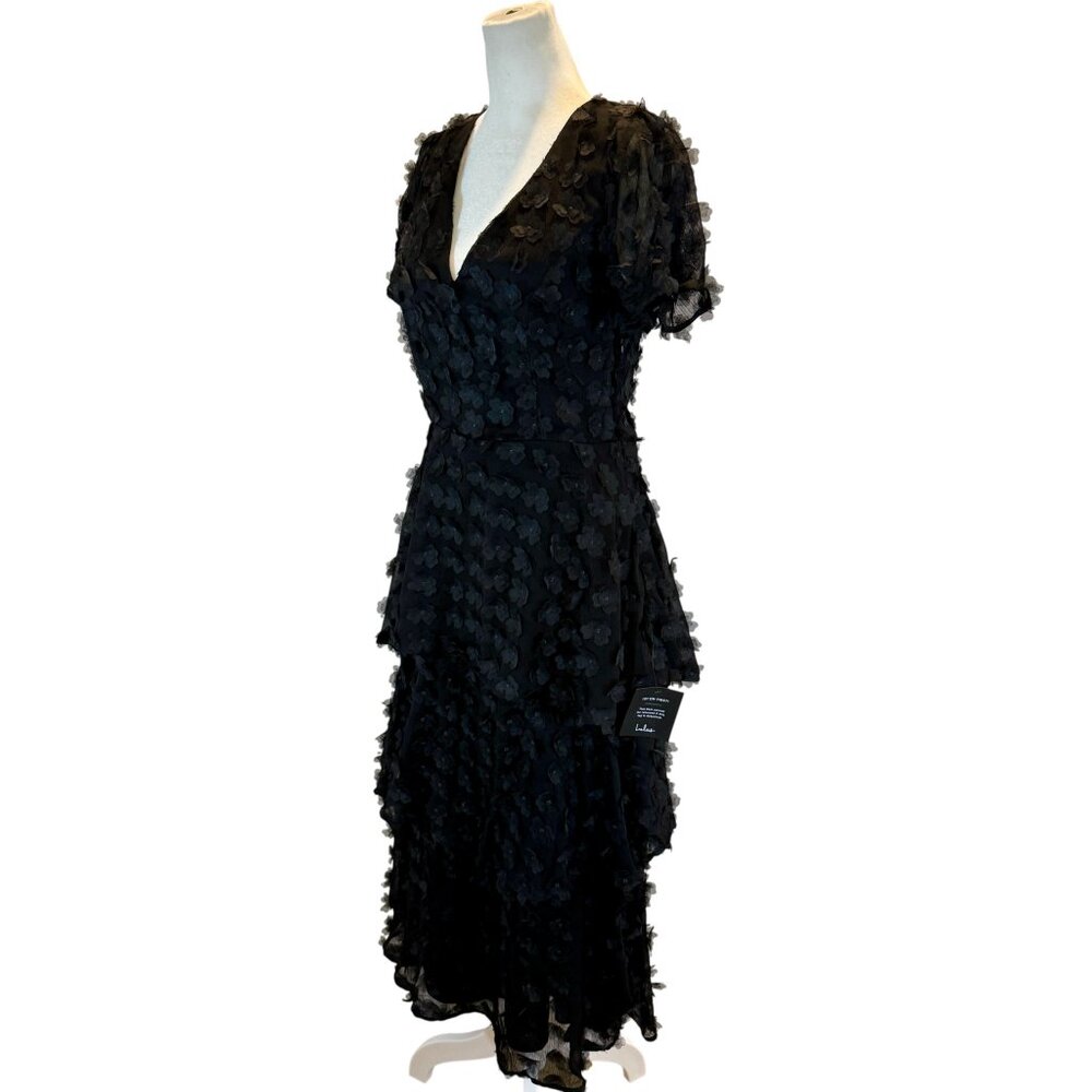 NWT Lulus Open back Black 3D Floral Appliqué Midi Dress